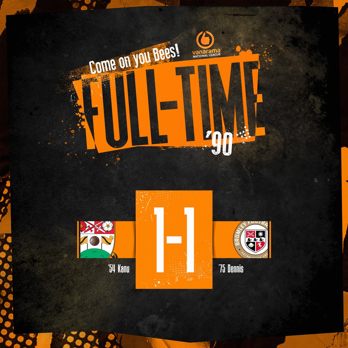 FT After a strong fought battle from the boys the points are shared here at the Hive! 🟠1-1⚪️ #BarnetFC🐝