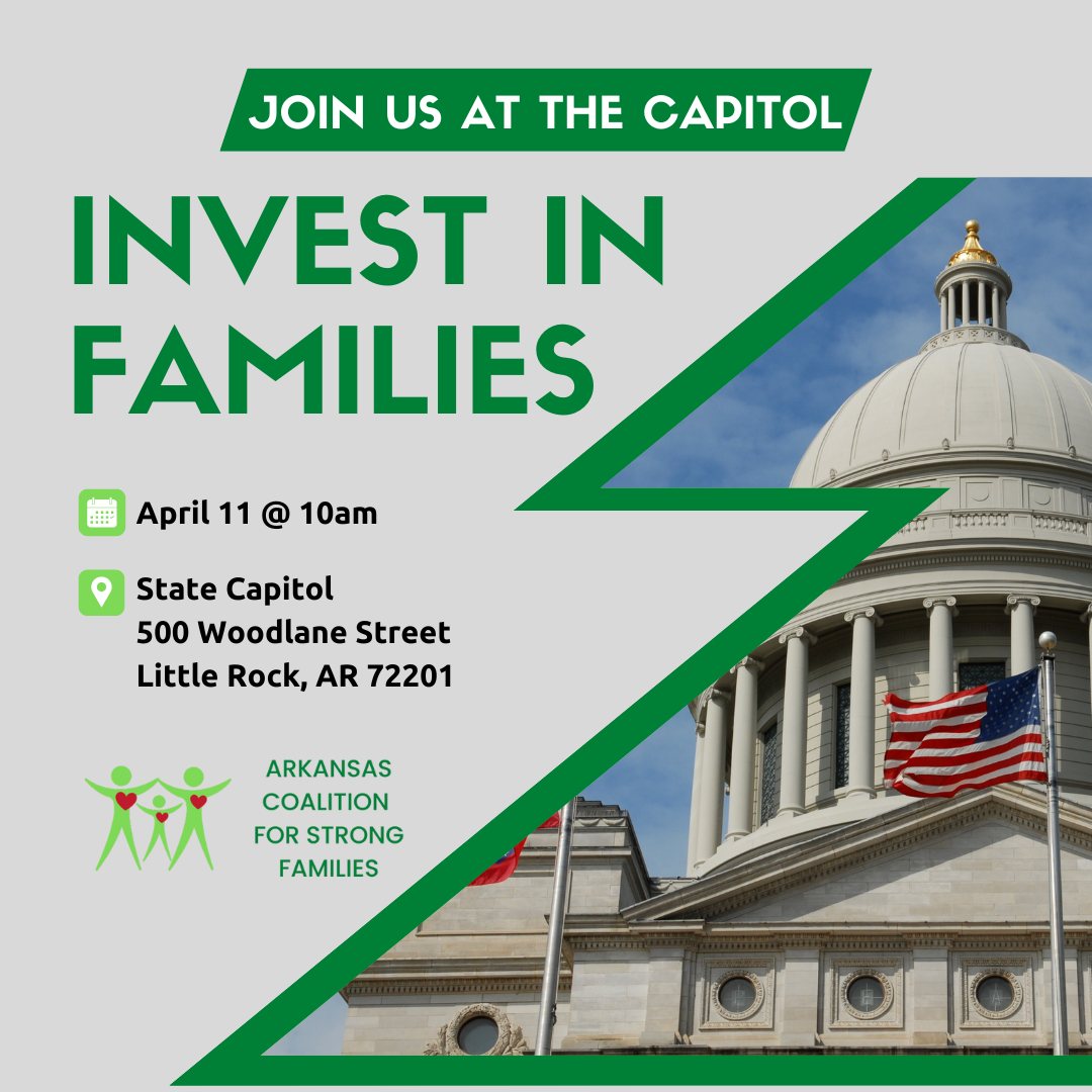 Join us at the Capitol on April 11th at 10:00 a.m. to talk about pre-school, affordable housing, services for those with disabilities and improving quality of life for ALL Arkansans. #SeeYouAtTheCapitol