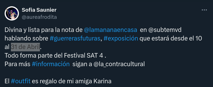 @aureafrodita @lamananaencasa #Montevideo - #Uruguay 
#FestivalSAT4 #GuerrerasFuturas 

Una #exposición que no podrá durar tanto tiempo en #abril ...

#FechasImposibles