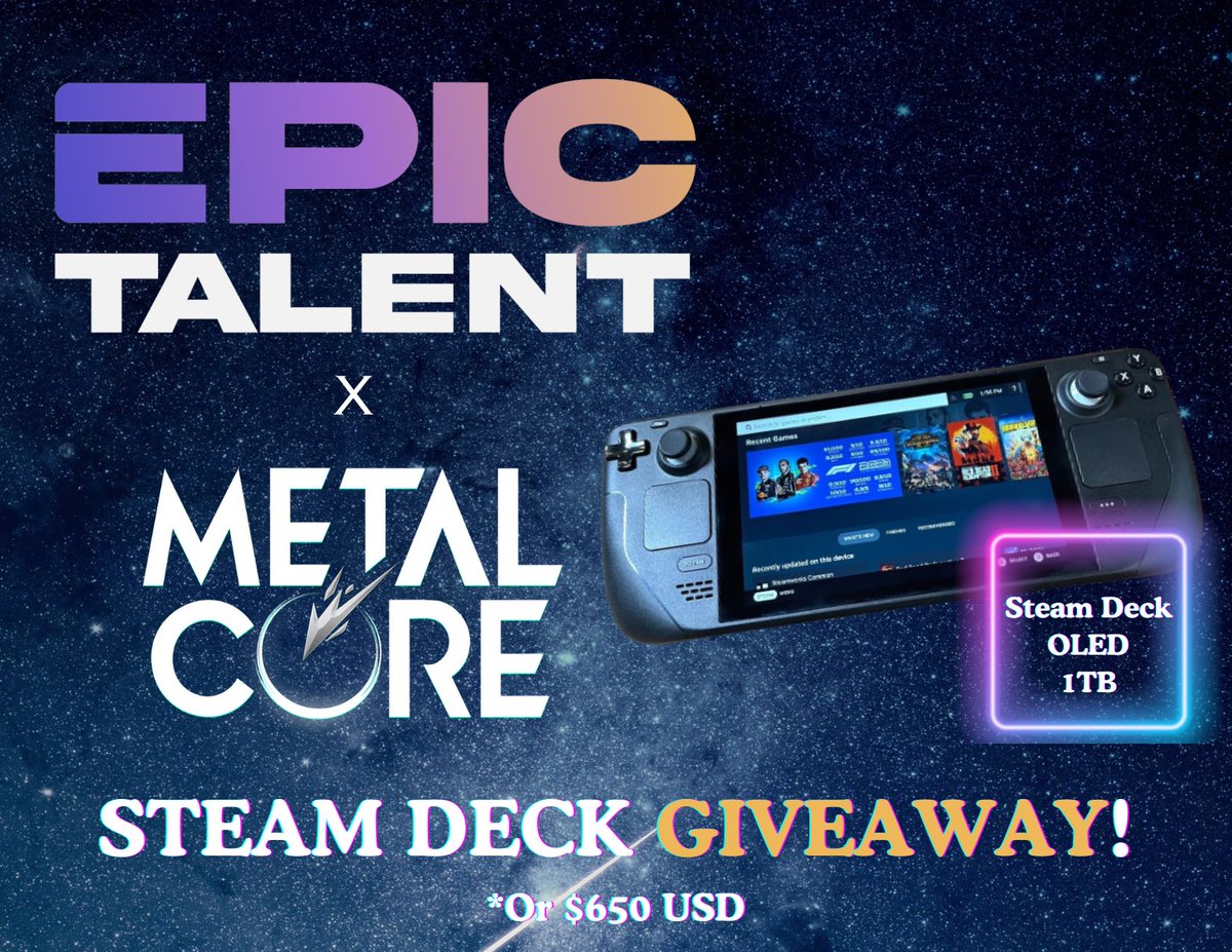 Steam Deck or $650 Cash Giveaway!

To enter, perform these tasks via the link below:

🎈  Retweet + Like

 ⭐️  Follow <a href="/EpicTalentGG/">Epic Talent Agency</a> <a href="/VastGG/">Vast</a> 

Enter Here: vast.link/Epic-Talent-