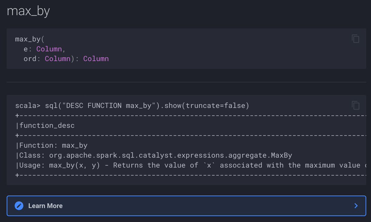 jaceklaskowski's tweet image. There are quite a few new standard functions in #ApacheSpark #SparkSQL 3.5 alone yet there are way more added in the recent versions.
One of them is max_by standard aggregate function that got added as early as in 3.3 🥰
➡️ books.japila.pl/spark-sql-inte…