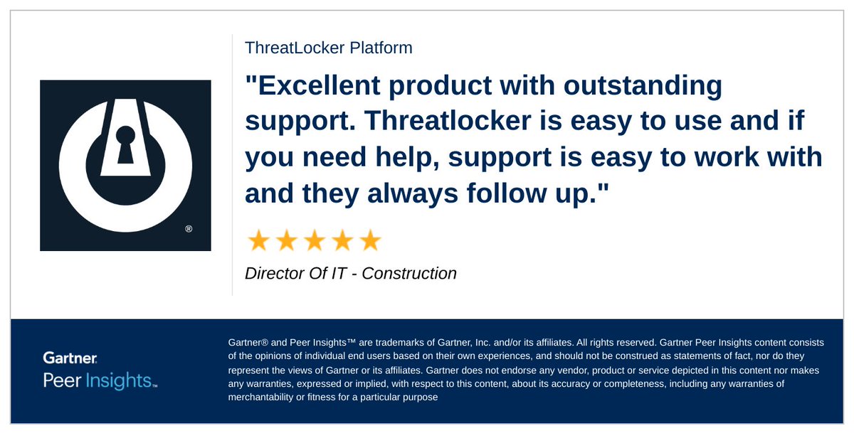 Director of IT in the Construction Industry gives ThreatLocker Platform 5/5 Rating in Gartner Peer Insights™ Endpoint Protection Platforms Market. Read the full review here: gtnr.io/HUbvTWDFz #gartnerpeerinsights