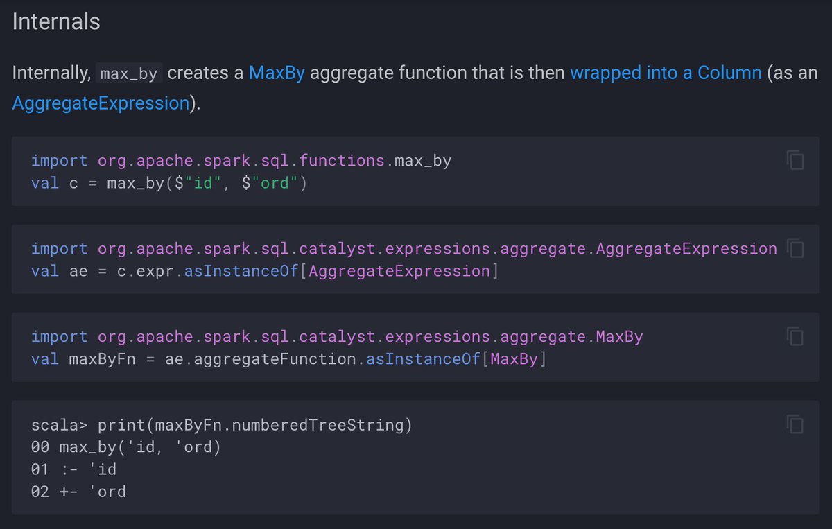 jaceklaskowski's tweet image. There are quite a few new standard functions in #ApacheSpark #SparkSQL 3.5 alone yet there are way more added in the recent versions.
One of them is max_by standard aggregate function that got added as early as in 3.3 🥰
➡️ books.japila.pl/spark-sql-inte…
