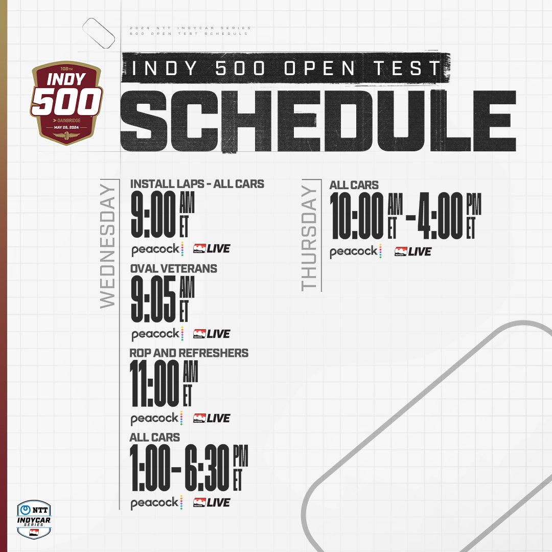 #INDYCAR is back on the oval🧱 📺: #Indy500 Open Test - All sessions on Peacock #IsItMayYet? | #IMS