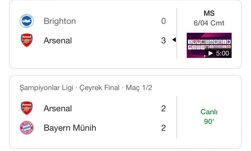 Arsenal zorlu rakibi Bayern Münih maçı öncesinde Cumartesi günü Brighton ile lig maçında karşı karşıya geldi. Bu maça çıkmadan sadece 2 gün dinlenebildiler.Acaba Arsenal taraftarı FA yönetimini bize düşmansınız teröristsiniz diye suçluyor mudur ? Çünkü avantajı Bayern’e verdiler.