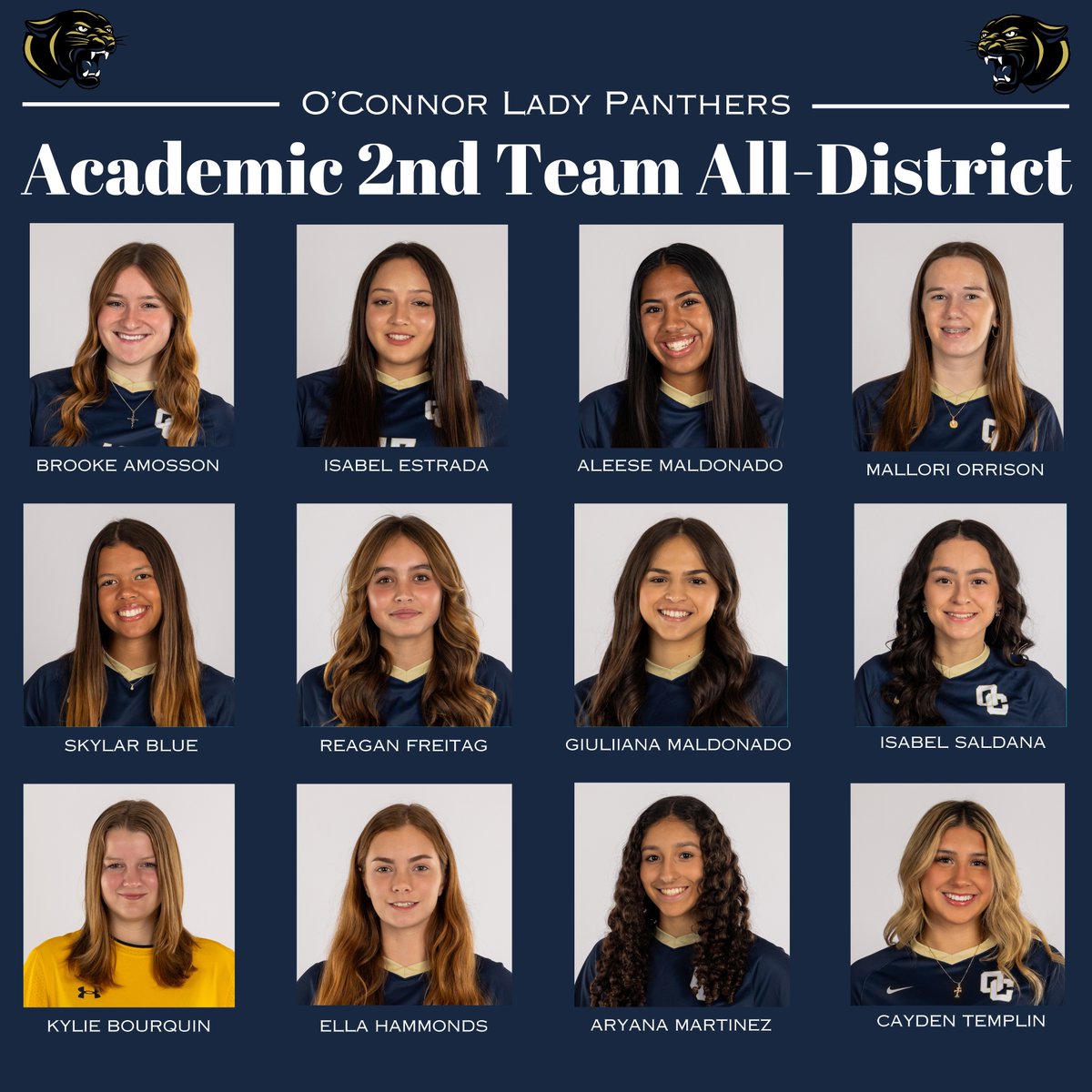 Congratulations to the following Panthers for being named to the 29-6A All-Academic 2nd Team! Great Job Ladies keep up the hard work in the classroom and on the pitch! @NISDOConnorHS @AgMag_NISD @OCathletics1819 @NISD_Athletics @6a_28 @SATXSoccer @50_50Pod @LethalSoccer