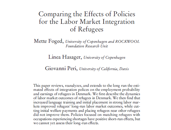 Today the Journal of Labor Economics published the paper with @MetteFoged_econ and @HasagerLinea on the long run effects of integration polices on the employment probability and earnings of refugees. It is in the Special Issue in honor of David Card. journals.uchicago.edu/doi/10.1086/72…