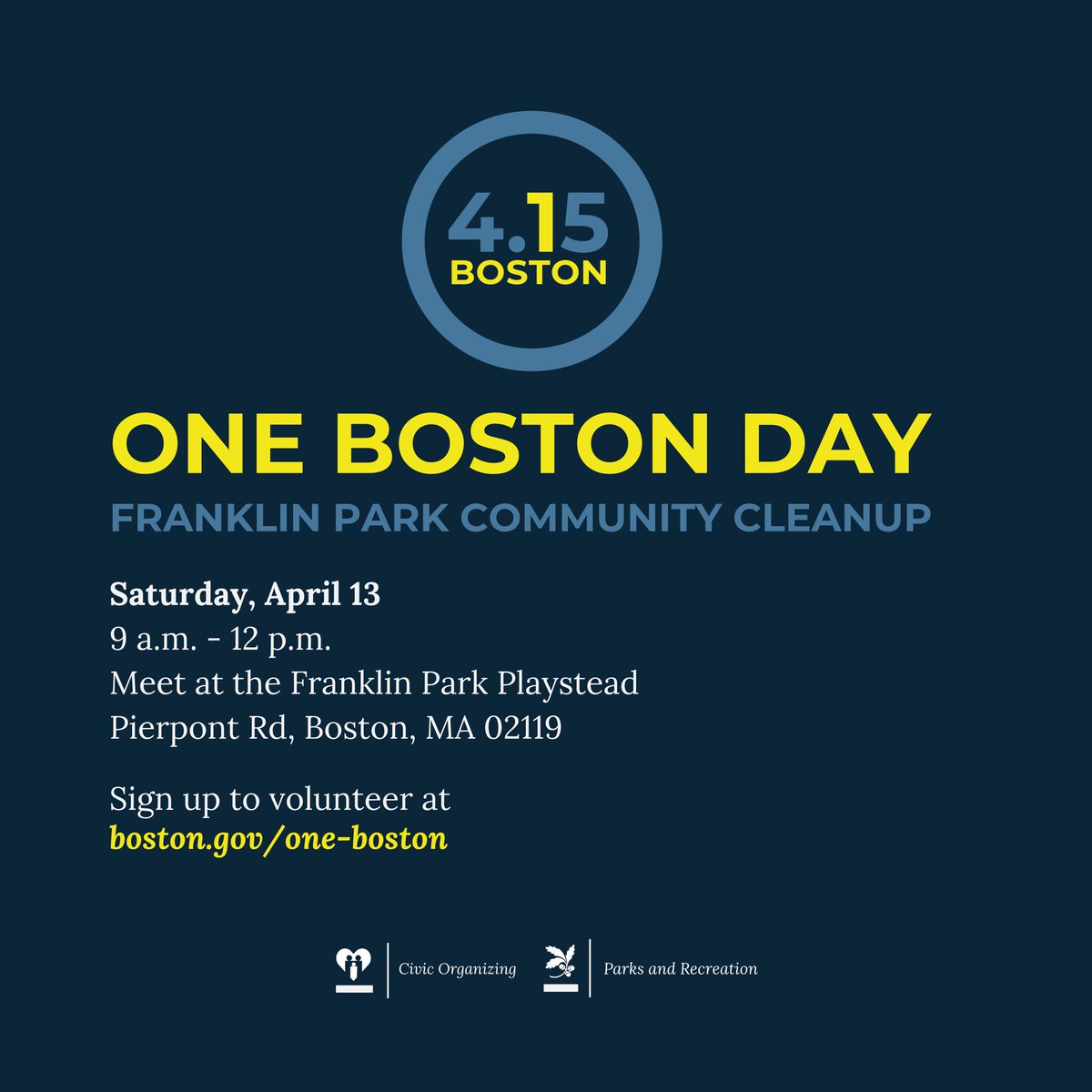 Unite for #OneBostonDay! Dedicate your morning to community service with us at Franklin Park Playstead, April 13, 9 a.m. 💙💛 Sign up today at boston.gov/one-boston 🌳