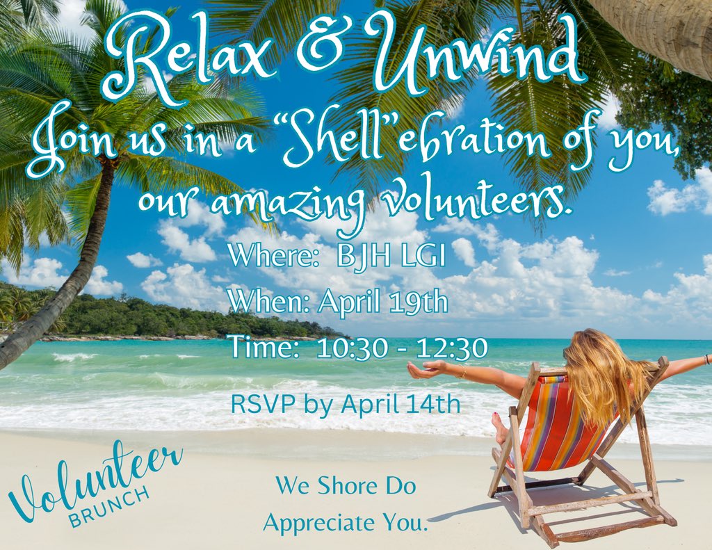 BJH Volunteers - 
Please join us in a "Shell"ebration of YOU on Friday, April 19th, at 10:30am.
Please rsvp here docs.google.com/forms/d/e/1FAI…