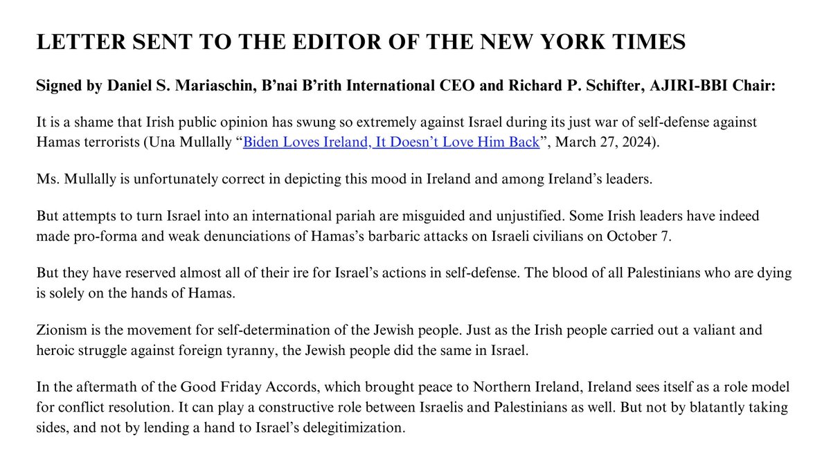 B'nai B'rith CEO Dan Mariaschin and @ajiridc-BBI Chair Rick Schifter sent the following letter to the editor of the @nytimes regarding a recent piece highlighting Ireland's unjustifiable attempt to turn Israel into an international pariah. 📨Full letter: bnaibrith.org/letter-sent-to…