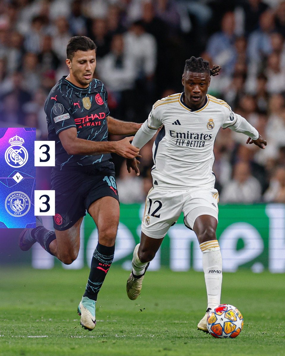 🏁 @RealMadrid 3-3 @ManCityES ⚽ 2' Bernardo Silva ⚽ 12' Rúben Dias (p. p.) ⚽ 14' @RodrygoGoes ⚽ 66' Foden ⚽ 71' Gvardiol ⚽ 79' @fedeevalverde #UCL