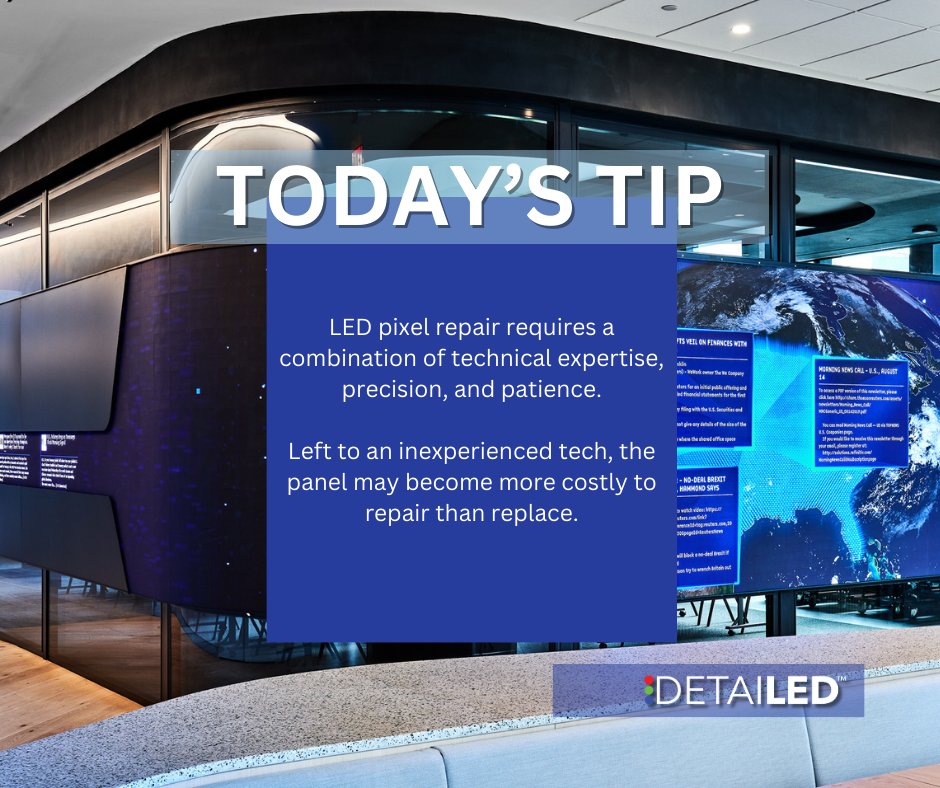 #LEDpixel repairs can be challenging for a variety of reasons, including miniaturization, circuitry, display panel integration, and the general lack of standardization. We recommend always using a trained professional to repair your #LEDdisplay panels. #AVtweeps #AVpro