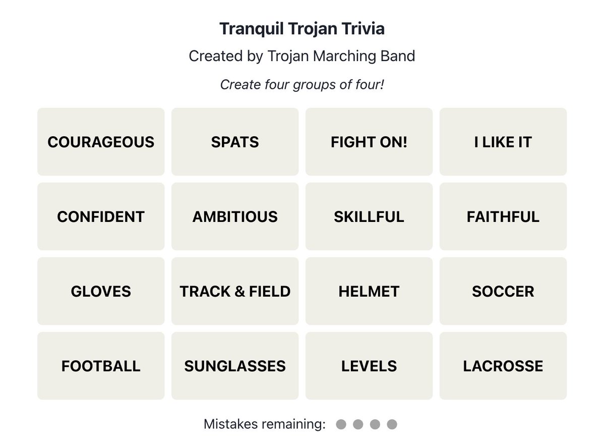 Have you been fascinated and frustrated by @NYTGames' Connections puzzle? Well, we've made our own and this one's pretty easy for Trojan fans. Stay tuned tomorrow, though, for a tricky TMB quiz. connectionsplus.io/game/jVzRvU Feel free to reply with your results but don't spoil it!
