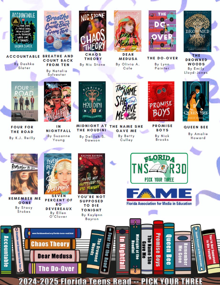 So proud to see Four For The Road on the Florida Teens Read 2024-2025 Award Master List! Thank you to the Florida Association for Media in Education! @FLTeensR3d @FloridaMediaEd @simonteen @RootLiterary