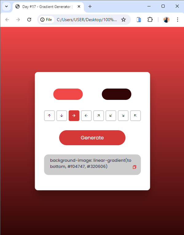 Day 17 of #100daysofcoding 

#javascript        

Project: A Gradient Generator using JavaScript

#100daysofcodechallenge #buildinginpublic
