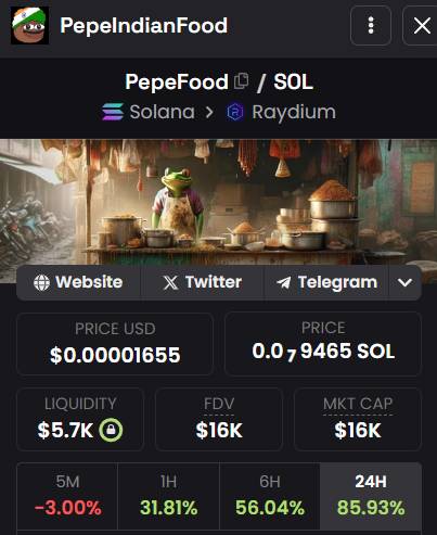 PepeIndianFood : 6k MC this morning at 8am, now 16k MC after 10 hours🚀🚀🚀

What are you still waiting for? Join us! 🔥

Join our telegram in bio