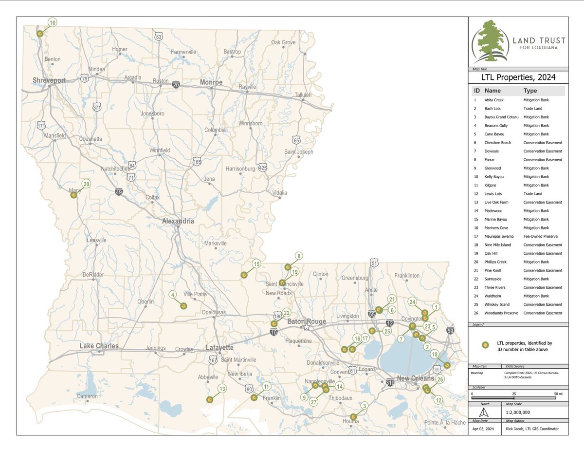 LandTrustforLA's tweet photo. Land Protection Specialist/GIS coordinator Rick Jacob made this updated map of all Land Trust for Louisiana properties and WOW. 15,000 acres of conserved land is represented here! Excited to expand that number across the state! #ProtectLouisiana https://t.co/22U9265K5u