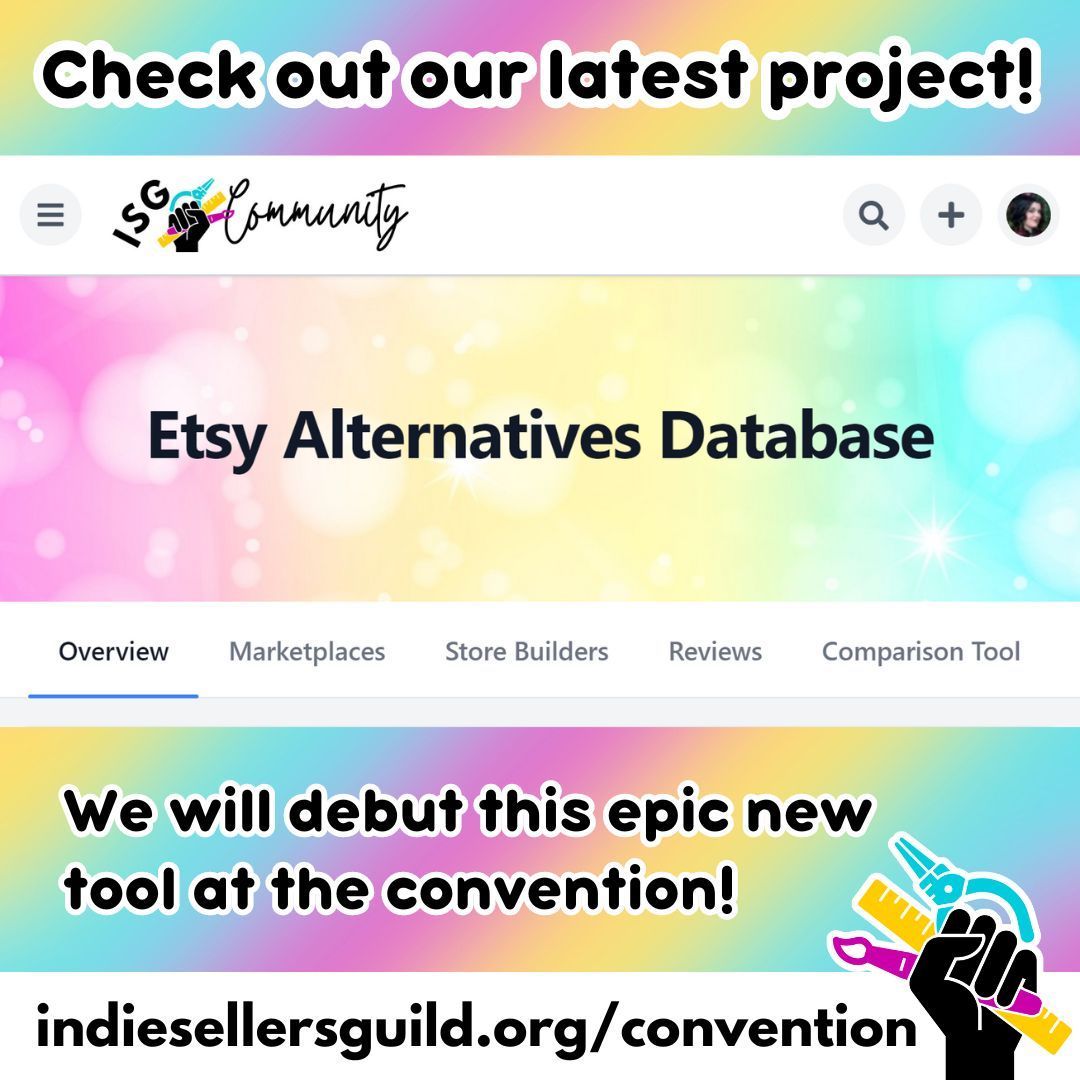 Kristi has converted our Etsy Alternatives Spreadsheet into a database, and added a cubic butt ton of useful functionality! See the new tool at the convention! buff.ly/3tuArPi #indiesellersguild #etsyalternative #actuallyhandmade #creativebusiness #etsystrike