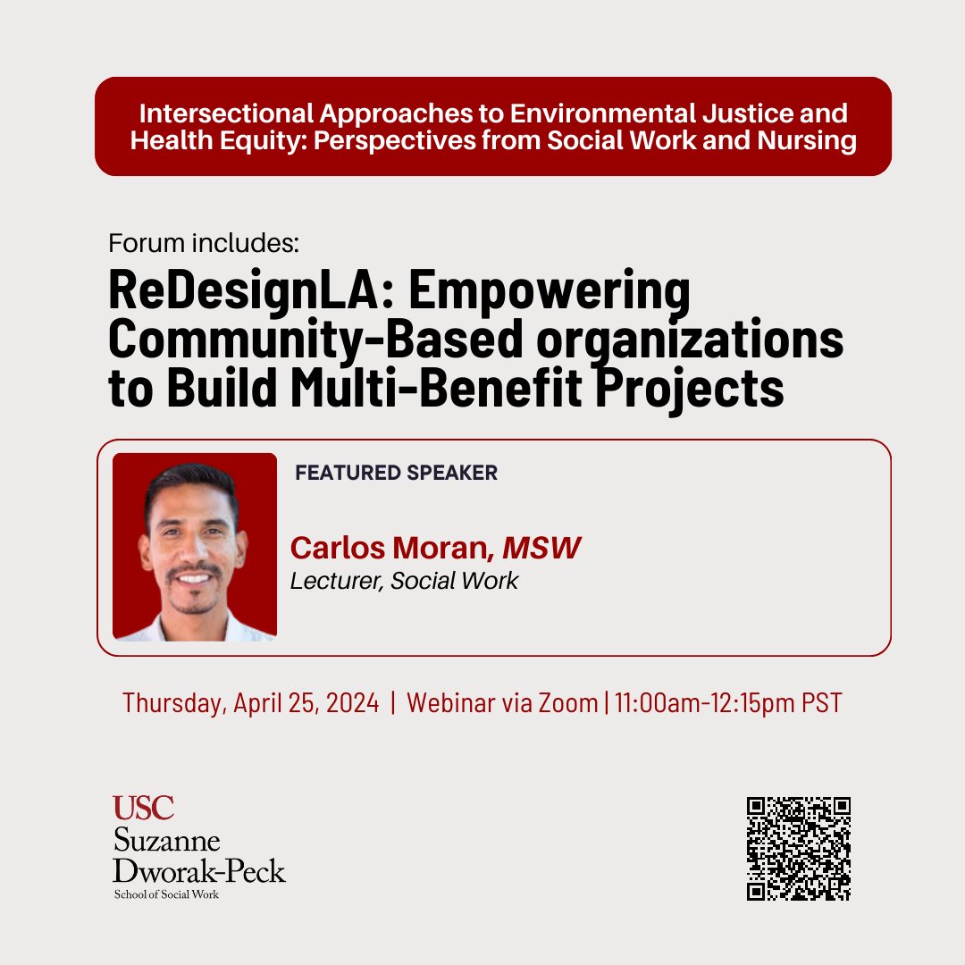 Our environmental justice & sustainability forum features Carlos Moran who will discuss empowering community-based organizations to build multi-benefit projects. RSVP to attend the virtual event on April 25th here: bit.ly/49pmVvr