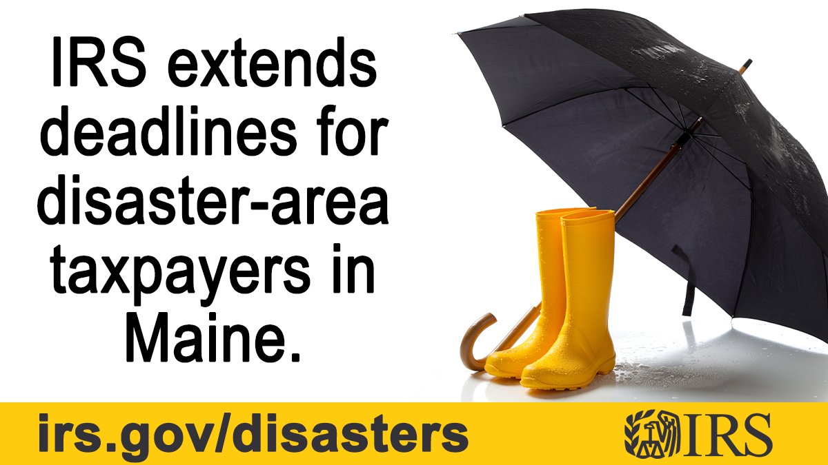 Tax relief is now available to victims of severe storms and flooding in parts of #Maine as part of a coordinated federal response based on damage assessments by @FEMA. For #IRS information on this, visit ow.ly/lCWm50R8Ryk