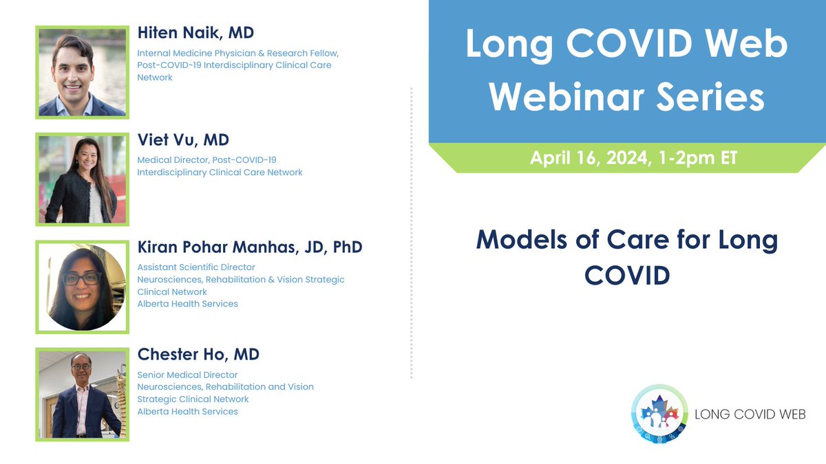 Join us at our upcoming webinar on: ‘Models of Care for Long COVID’ with Drs. Hiten Naik, Viet Vu, Kiran Pohar Mahas, and Chester Ho.​ When: Tuesday, April 16, 2024, from 1pm – 2pm ET ​ To learn more and register: ​bit.ly/3PVNKAk​ #LongCOVID #Research #LCWwebinar