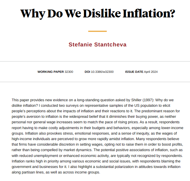 Shedding new light on why people dislike inflation, leveraging two new surveys in the US, from @S_Stantcheva nber.org/papers/w32300