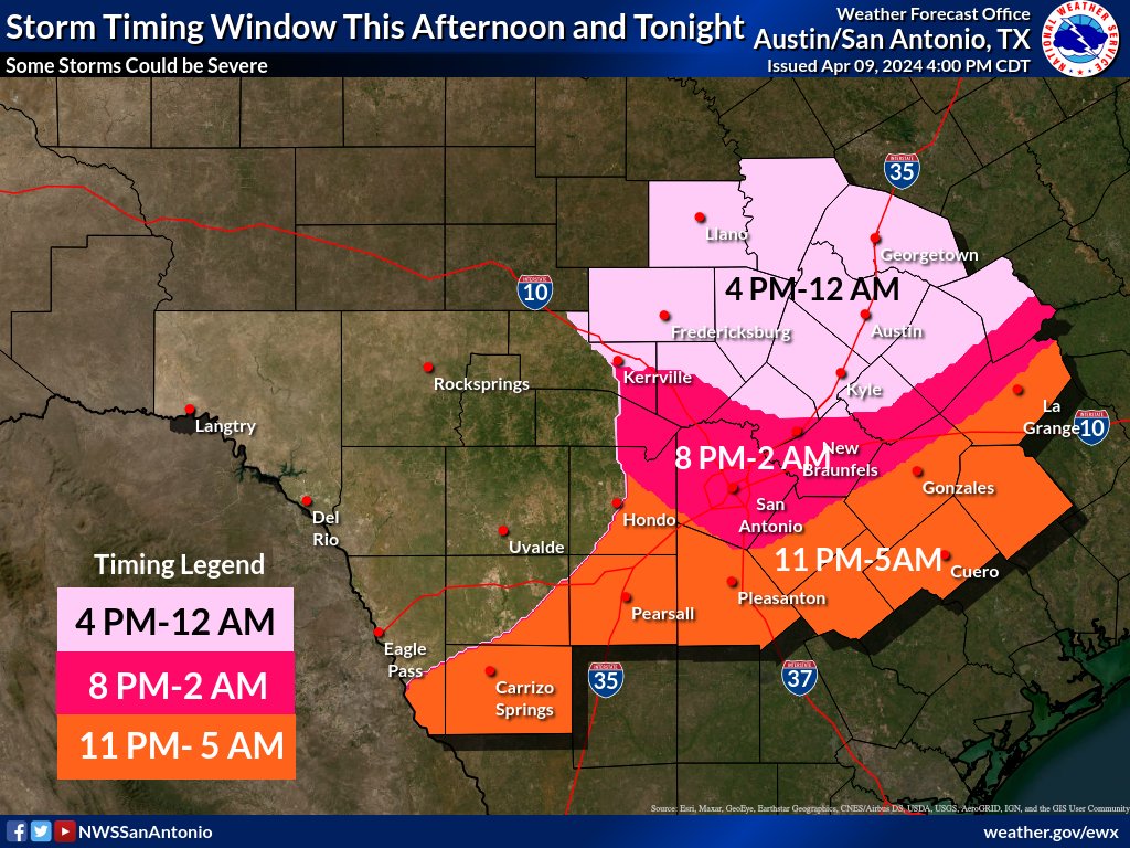 Here are time windows on when storms are possible across portions of south-central Texas. Storms will be possible any time in these window, some of which could become severe. Remain weather aware this afternoon and tonight and have a way to receive warnings.