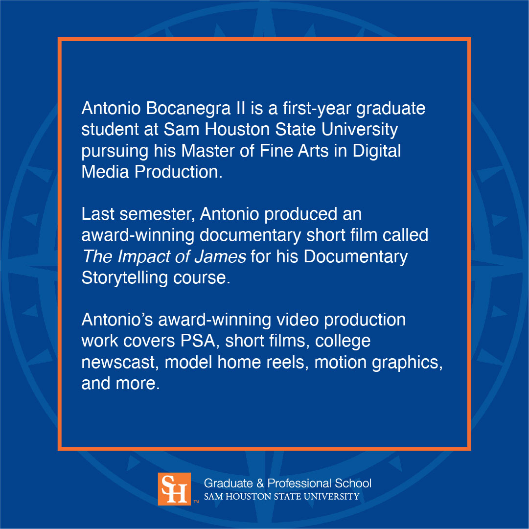 tgps_shsu's tweet image. 🎓 Grad Student Spotlight! 🌟 Meet Antonio Bocanegra II, a first-year graduate student at @shsucam pursuing his MFA in Digital Media Production. Swipe to learn more about him!
#GradStudentSpotlight #SHSUGradSchool