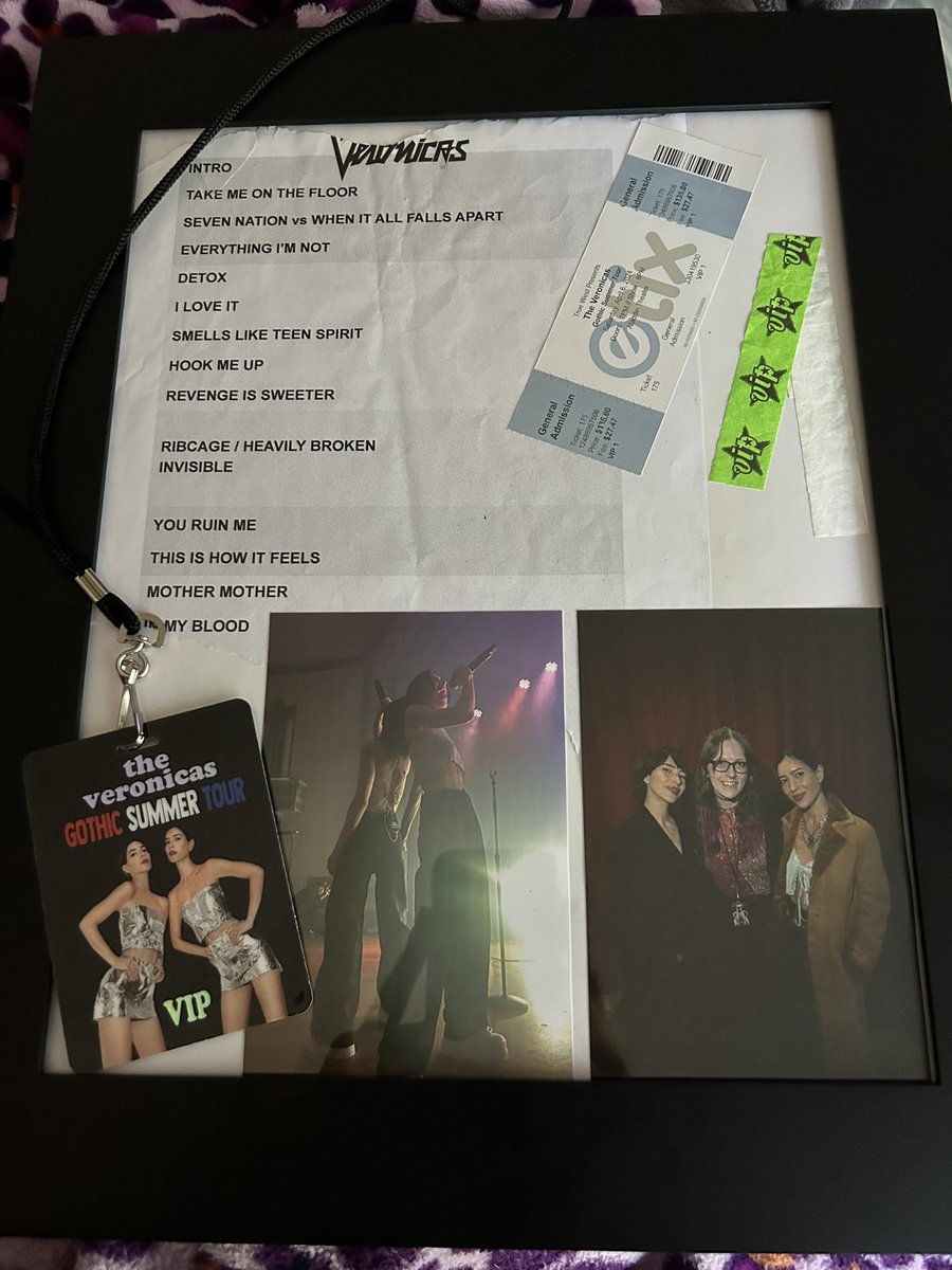 SickW13hSadness's tweet photo. Finally got a frame for the set list I was lucky enough to be gifted at the end of the #GothicSummer show I just attended! Jess and Lisa, I will never forget this night!! I love you both and see you in VIP next #Portland show too! @TheVeronicas 🫶🏻🫶🏻 https://t.co/BP4McJcIVY