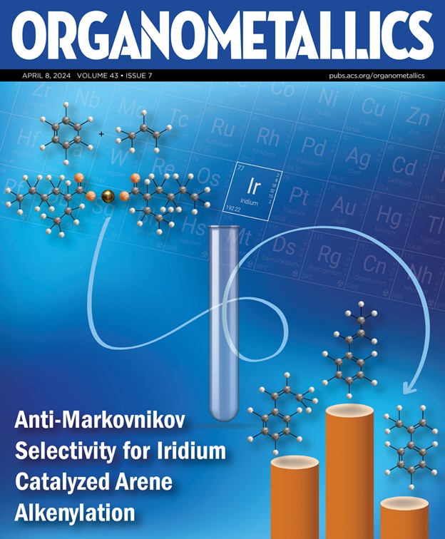 It's not a solar eclipse but just as intriguing--the latest issue of @Orgmet_ACS. Featured on our cover this time, work from @GunnoeGroup on anti-Markovnikov selectivity in iridium-catalyzed alkenylation. Check out the new organometallic chemistry: go.acs.org/8Pw.