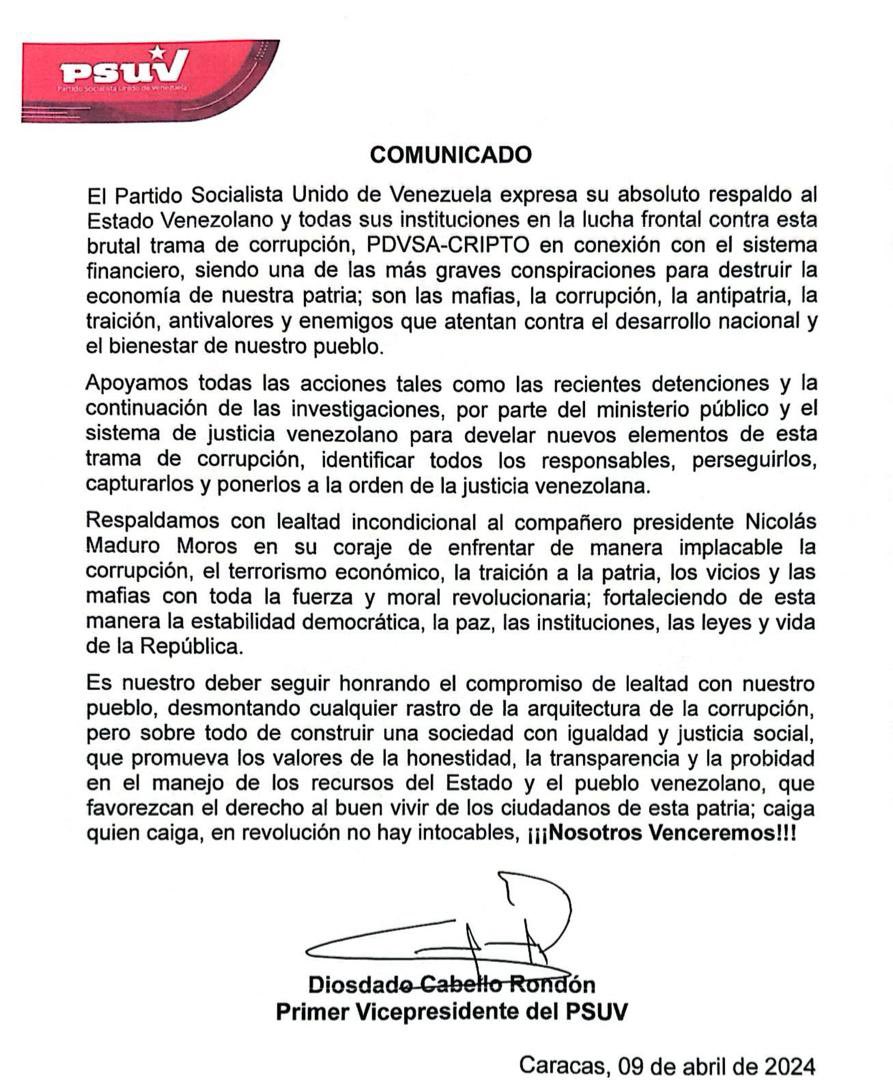 Respaldamos con lealtad incondicional al compañero presidente Nicolás Maduro Moros en su coraje de enfrentar de manera implacable la corrupción, el terrorismo económico, la traición a la patria, los vicios y las mafias con toda la fuerza y moral revolucionaria… #Venezuela