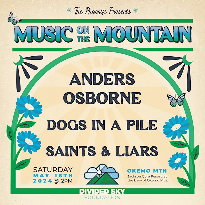 🎶 Music on the Mountain 🏔️ Come kick it at Okemo Mountain right after the @DividedSkyFdn Run on Saturday May 18th 2-7pm with Anders Osborne, Dogs In A Pile & more! Registered to run? Your bib is your ticket! If not grab yours today: musiconthemtn.com @RiseRecoverLive