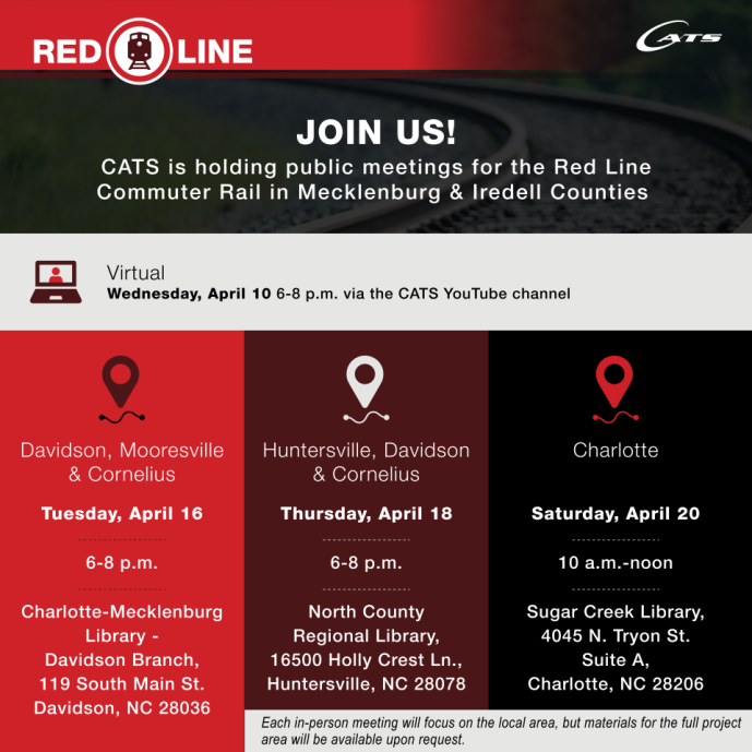 Learn more about CATS' proposed Red Line Commuter Rail! Join us virtually on April 10th or attend one of our in-person meetings on April 16th, 18th, or 20th to gain insight on the Red Line, ask questions, and share your feedback. More at PublicInput.com/RedLine🚆 #RideCATS