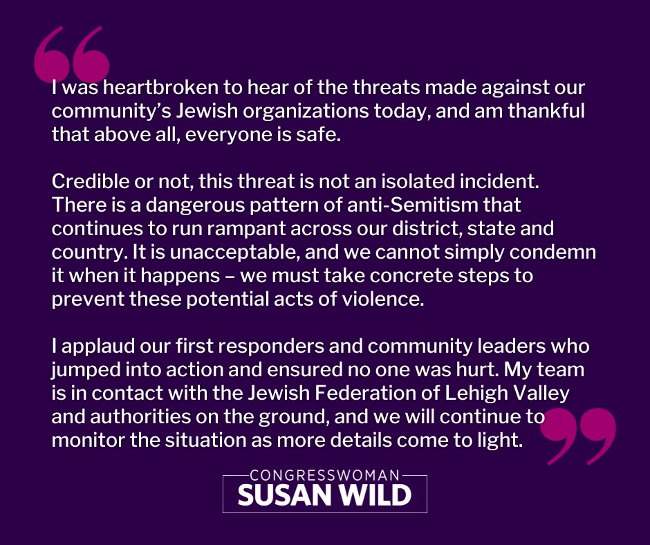 In response to Allentown’s Jewish Community Center and Jewish Federation offices evacuating this morning after they received an email threatening to blow up facilities and synagogues, I released the following statement: