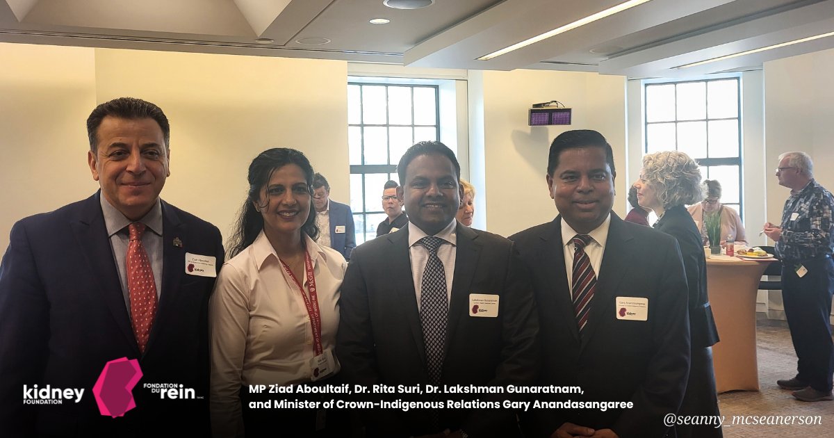#ParliamentHill continues to buzz with conversation on #kidneyhealth! Here’s MP @aboultaifziad_ , liver donor and organ donation advocate, Dr. Rita Suri, and Dr. Lakshman Gunaratnam (@lglab_lhsc) meeting with Minister of Crown-Indigenous Affairs Gary Anandasangaree @gary_srp.