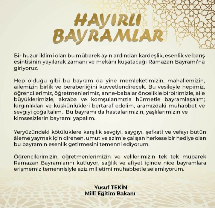 Millî Eğitim Bakanımız Sayın Yusuf Tekin'in Ramazan Bayramı Mesajı @Yusuf__Tekin @valikaradeniz @alicandankym @coskunbakirtas @AliDere61