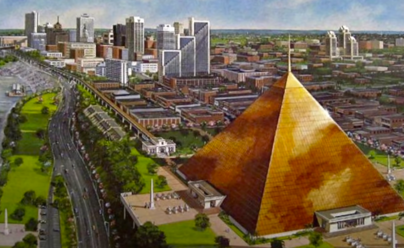 aelb625's tweet image. The lore behind the Bass Pro Shops pyramid is crazy, a thread:
It's originally known as the Great American Pyramid, and it was conceived in 1954 as a concept with THREE pyramids like Giza! But it took until the 1980s for it to be resurrected as just one pyramid and opened in 1991