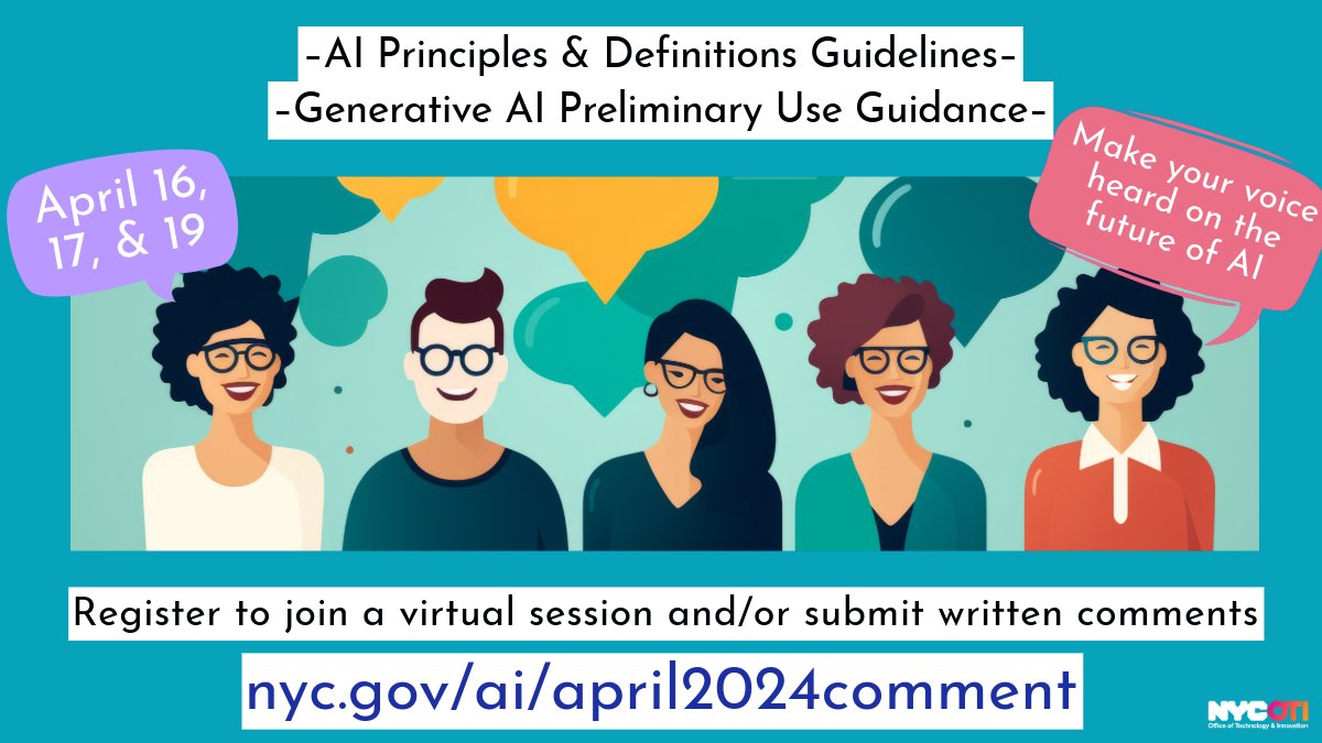 NYC just published key guidance for how city agencies define, use, and govern AI, and we want your feedback! Register to speak at a live online session taking place April 16, 17, or 19, and/or submit written comments to weigh in at nyc.gov/ai/april2024co…