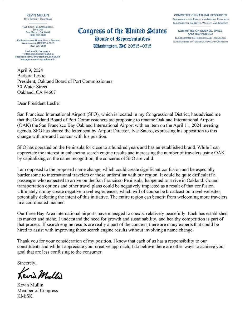 Today I wrote to @PortofOakland opposing its proposal to change @IFlyOAKland's name to #SanFrancisco Bay Oakland Intl Airport. It could create significant confusion w @flySFO & upsetting travelers isn't good for business. kevinmullin.house.gov/media/press-re…