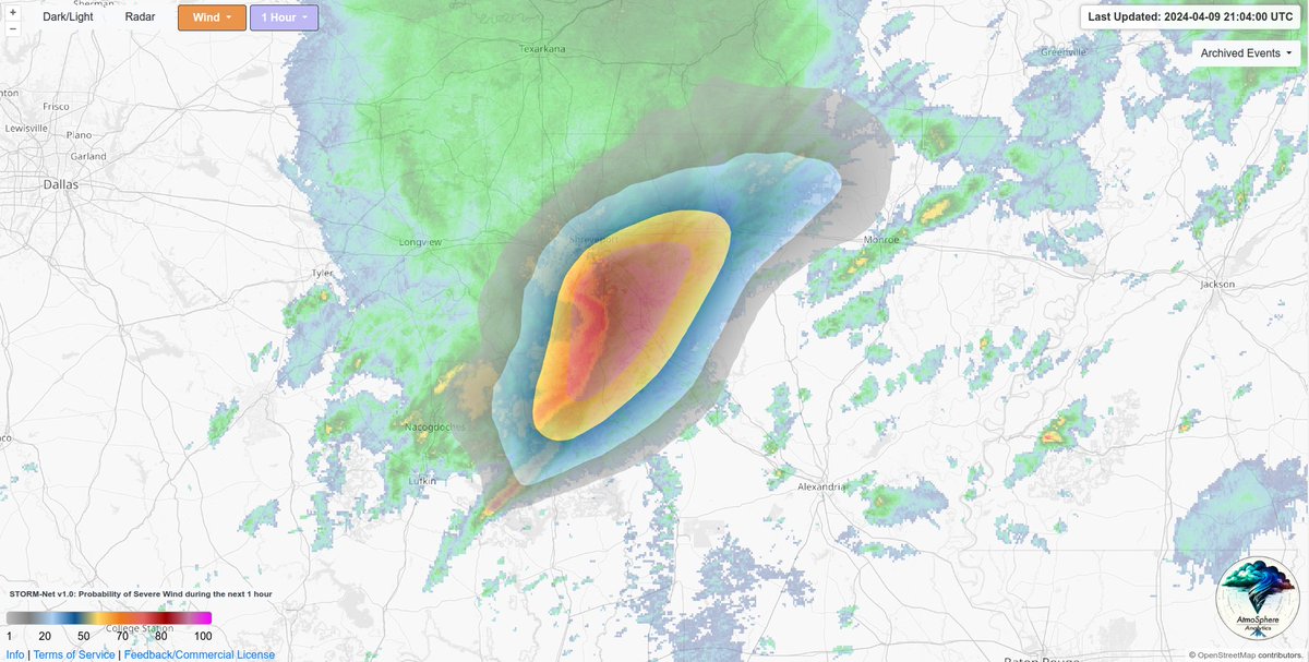 STORM-Net is predicting a high probability of severe thunderstorm winds over the next hour ahead of the bowing QLCS near Shreveport #lawx ! Tornado probs on on the low-medium side at this time. Will need to monitor this system for possible embedded circulations.