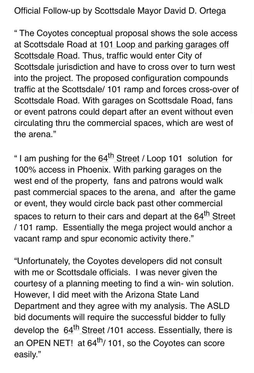 Scottsdale Mayor David Ortega has issued a “clarification” on his comments on the Arizona Coyotes proposed arena development.