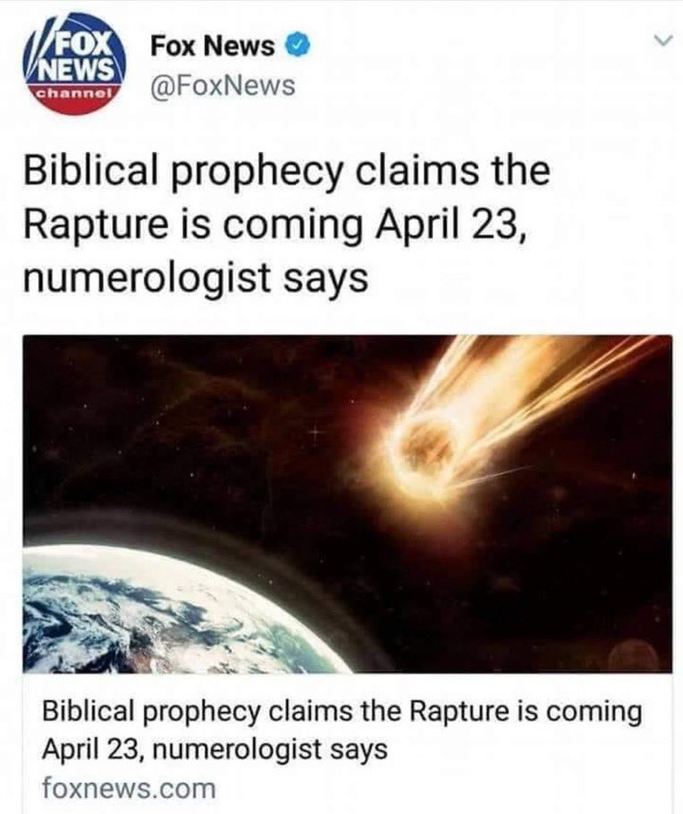 Btw, the meme was inspired by this

From the High Rapture Watch Time Period watchfolks community

And their ##dispywednesday enablers 

Who downplay date setting problems in the Pre Trib Rapture camp 

#Rapture 

#23April

#April23rd