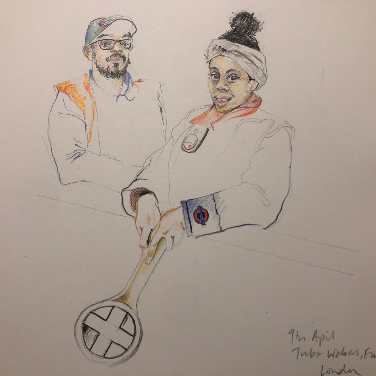 Tube workers, Embankment Station, the day before I started the residency at @earlscourtdevco last January, which I absolutely loved. I told them what I was about to do & they very graciously allowed me to photograph them. One-hour drawing, listening to @gidcoe & @marcrileydj