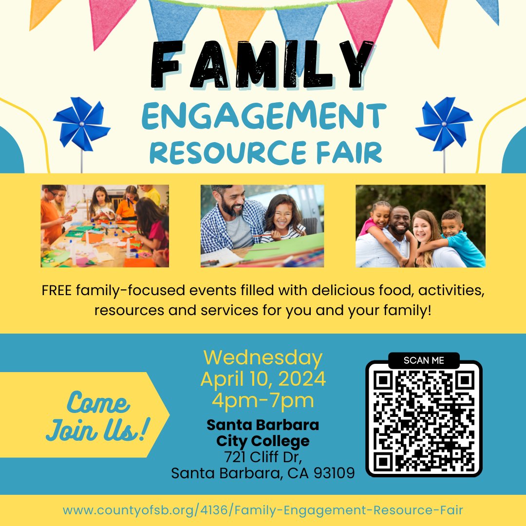 Join in on a day of activities and valuable resources for the whole family at the Family Engagement &amp; Resource Fair in Santa Barbara on Wednesday, April 10th! 

To learn more, please visit countyofsb.org/4136/Family-En…