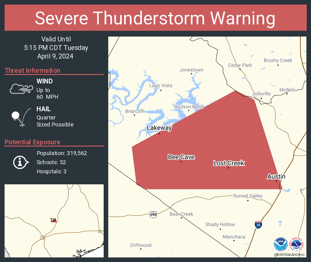 Severe Thunderstorm Warning including Austin TX, Lakeway TX and Lost Creek TX until 5:15 PM CDT