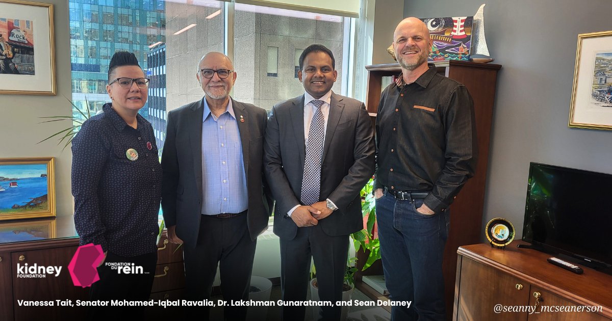 #ParliamentHill - @SenatorRavalia (second from left), champion for early diagnosis and prevention, engaged in discussions with kidney #advocates Vanessa Tait, Dr. Lakshman Gunaratnam (@lglab_lhsc), and Sean Delaney (@allytay1). #KidneyAction