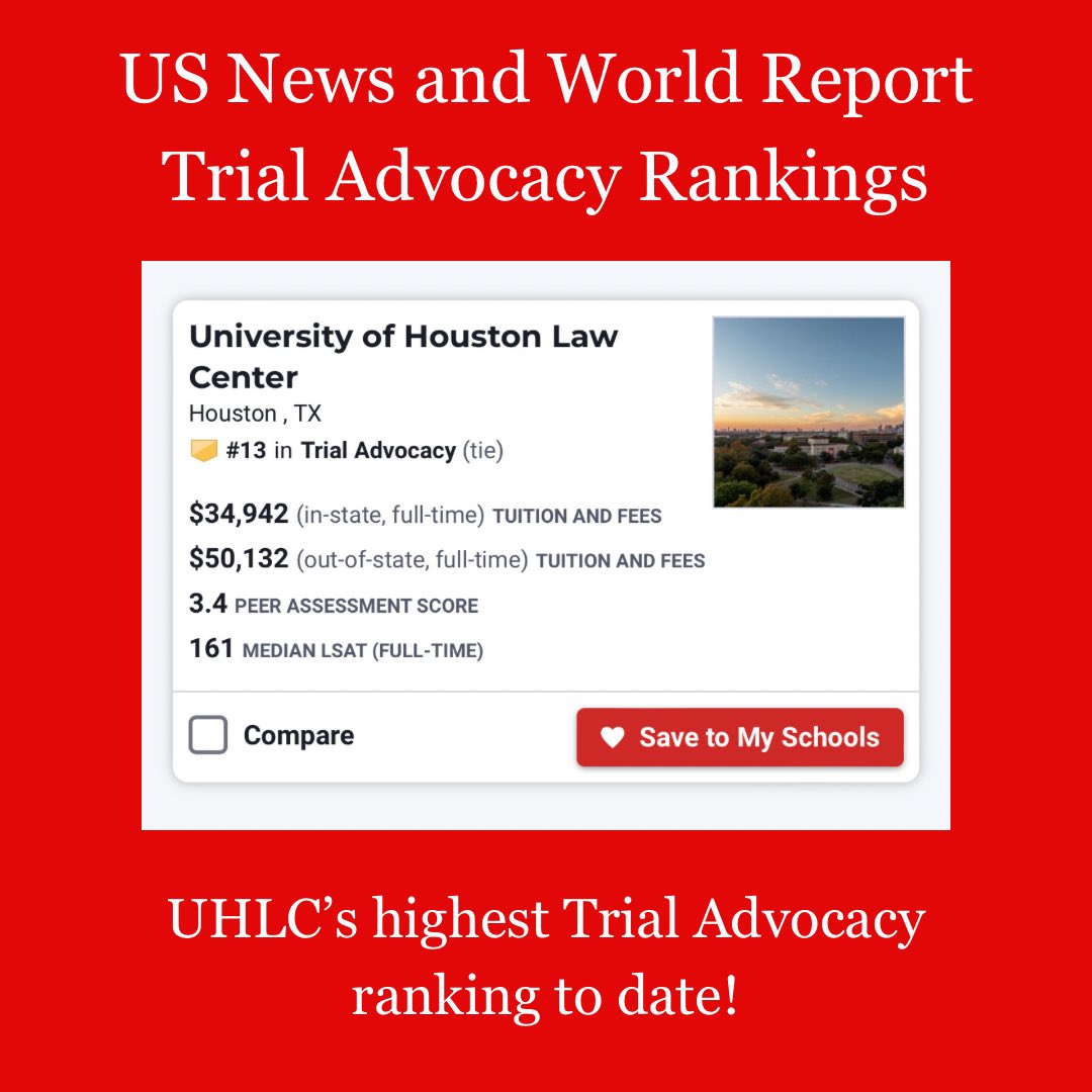 I could not be more proud of our program! We jumped from #24 to #13 in the US News and World Report rankings - the highest trial ad ranking for UHLC! So grateful to all of our students, coaches, alumni and the Houston legal community! We are so grateful for all of you!