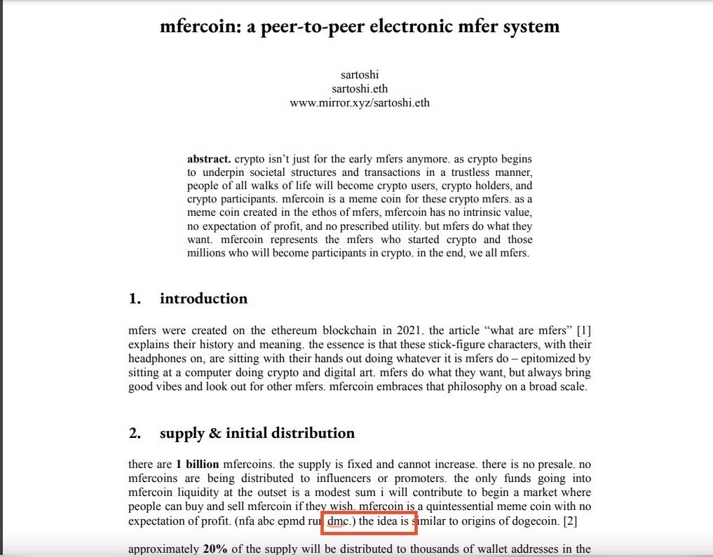 DMC is mentioned in the white paper of mfercoin: a peer-to-peer electronic mfer system.  $DMC is an incentive to monetize peer-to-peer storage #DePIN, #FoggieMax. $mfer