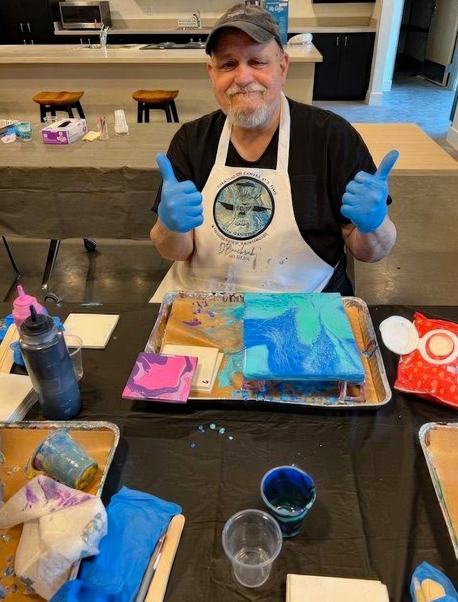 Residents of all ages at Broadleaf Arbor were excited to learn how to pour acrylic paint onto canvas and tile to create art with Teaching Artist Danielle Bonebrake from Thunderbird Painting 101. #ChangingAging #PositiveAging #CreativeAging #Intergenerational