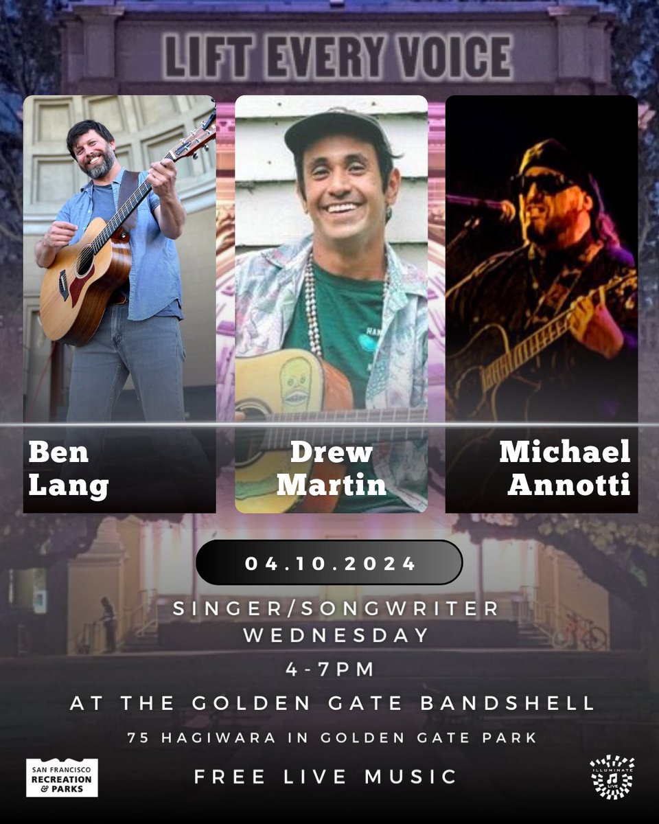 Singer/Songwriter Wednesday is tomorrow!! Take a mid-week musical break and join us at the Golden Gate Bandshell Wednesday April 10 from 4-7pm to hear free live music performed by: Ben Lang Drew Martin Michael Annotti See you in the park tomorrow! @recparksf